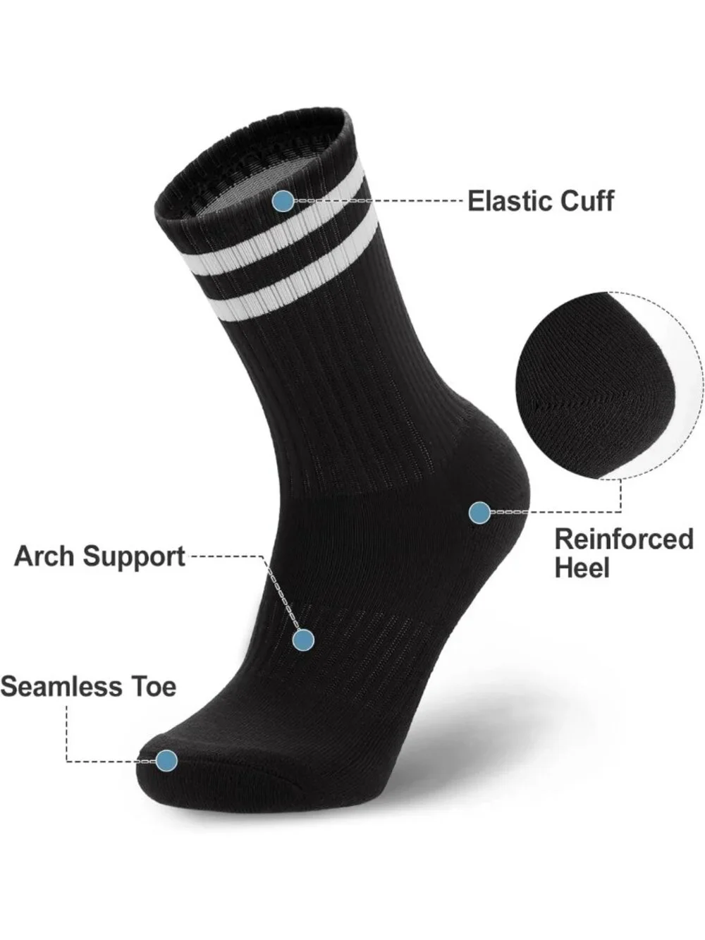 5 Pairs Striped Crew Socks - Cotton Cushioned Athletic Sports Socks for All Ages